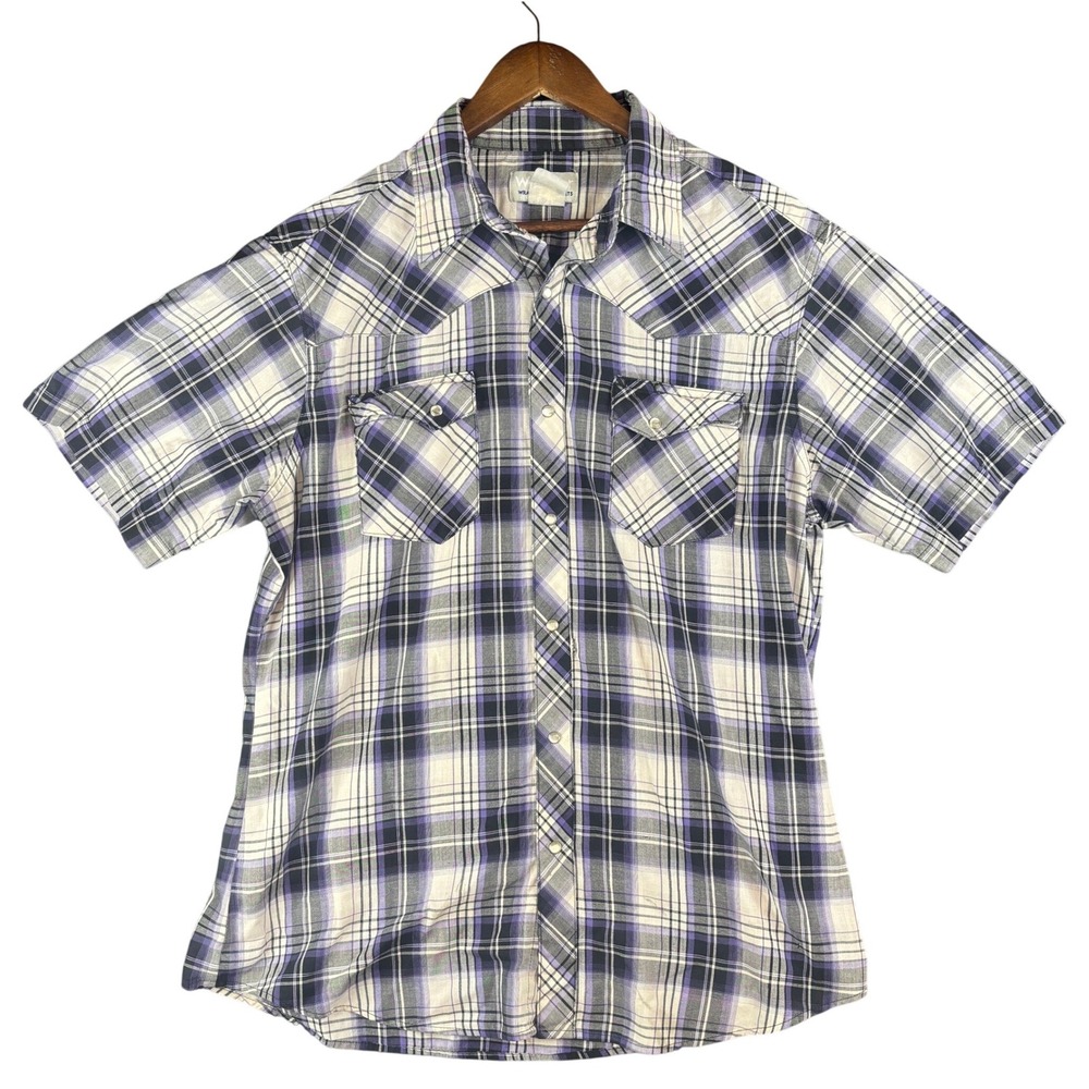 Wrangler Wrancher Mens XL Purple Black Plaid Pearl Snap Western Shirt Casual